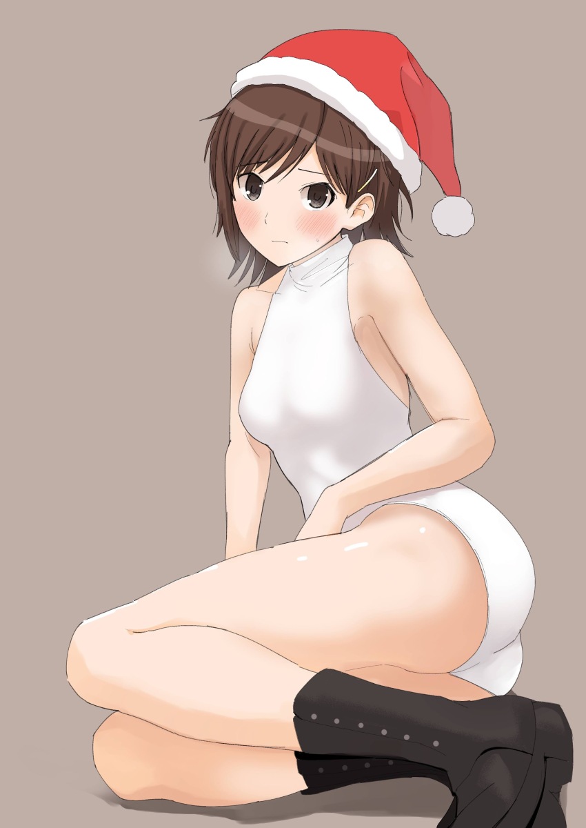 1girl absurdres amagami ass bare_shoulders black_boots blush boots breasts brown_background brown_eyes brown_hair closed_mouth full_body fur-trimmed_headwear fur_trim gyuunyuu_pack_(tanaka) hair_ornament hairpin hat highres itou_kanae_(amagami) looking_at_viewer official_alternate_costume one-piece_swimsuit red_hat santa_costume santa_hat short_hair simple_background small_breasts solo swimsuit thighs turtleneck turtleneck_one-piece_swimsuit white_one-piece_swimsuit