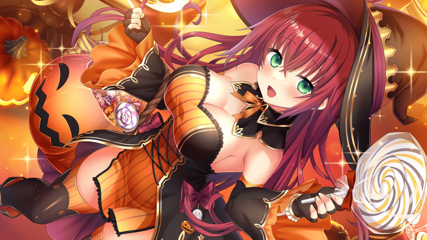 1girl akai_asaka bare_shoulders black_gloves black_sleeves blush bow breasts candy candy_cane cleavage corset deep_one_kyomu_to_mugen_no_fragment detached_collar detached_sleeves dress fingerless_gloves fire food food-themed_hair_ornament frills ghost ghost_costume gloves green_eyes hair_between_eyes hair_ornament halloween halloween_bucket halloween_costume happy_halloween hat holding jack-o&#039;-lantern large_breasts leotard lollipop long_hair looking_at_viewer natsuhiko non-web_source open_mouth orange_background orange_bow orange_dress orange_leotard orange_panties orange_ribbon orange_skirt orange_theme panties pumpkin pumpkin_hair_ornament pumpkin_hat red_bow red_hair ribbon skirt solo sparkle sparkle_background strapless strapless_dress thighhighs traditional_media trick_or_treat underwear very_long_hair witch witch_hat