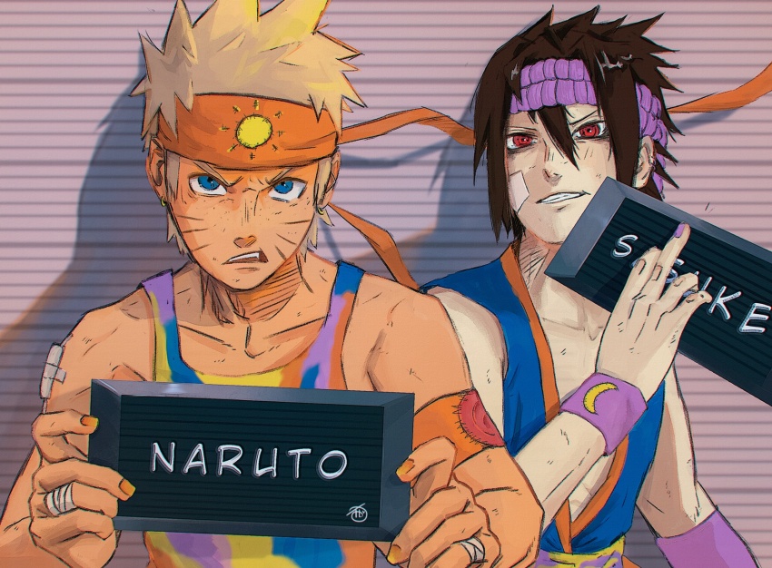 2boys armband bandages bandaid bandaid_on_face barbie_mugshot_(meme) black_hair blonde_hair blue_eyes headband highres holding holding_sign male_focus meme multiple_boys nail_polish naruto_(series) naruto_shippuuden orange_armband red_eyes sharingan sign sweatband tamelee uchiha_sasuke uzumaki_naruto