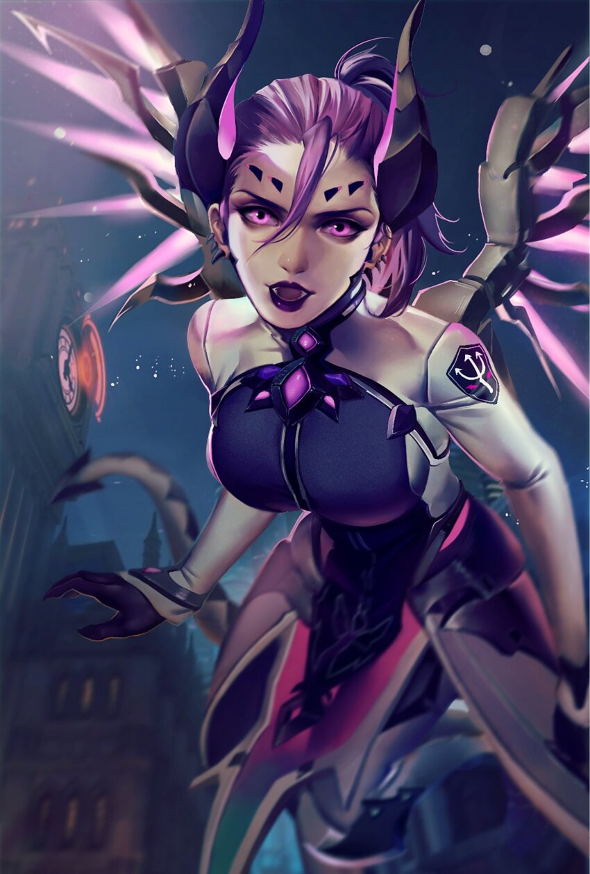 1girl bodysuit clock clock_tower dark_persona demon_horns facial_mark floating forehead_mark glowing glowing_wings hair_between_eyes highres horns imp_mercy lipstick looking_at_viewer makeup mechanical_wings mercy_(overwatch) open_mouth overwatch overwatch_1 pink_eyes purple_hair purple_lips purple_wings solo tobu_(bilibil) tower wings