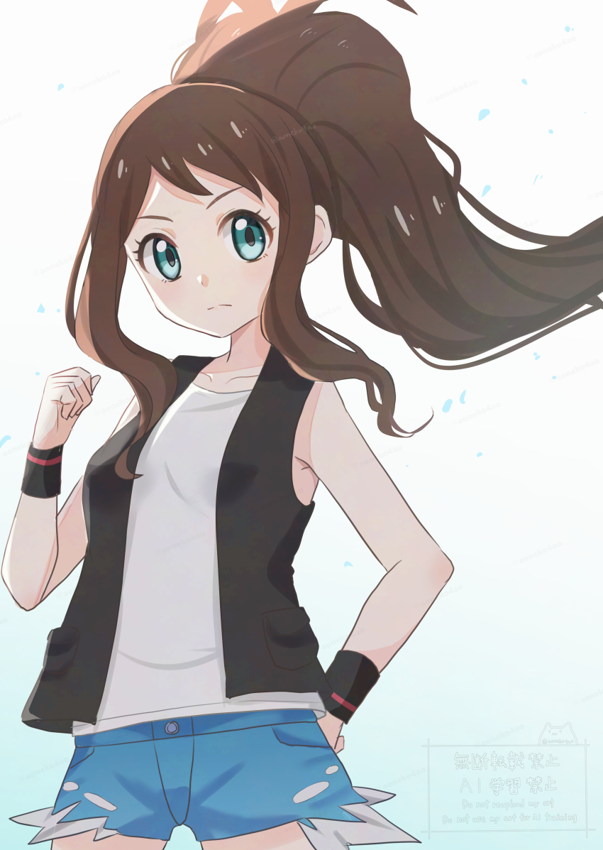 1girl absurdres aoneko4ao_(edwf7745) black_vest blue_shorts brown_hair clenched_hand closed_mouth commentary_request exposed_pocket eyelashes green_eyes hand_up highres hilda_(pokemon) long_hair nintendo open_clothes open_vest pokemon pokemon_bw shirt short_shorts shorts sidelocks sleeveless sleeveless_shirt solo vest watermark white_shirt wristband