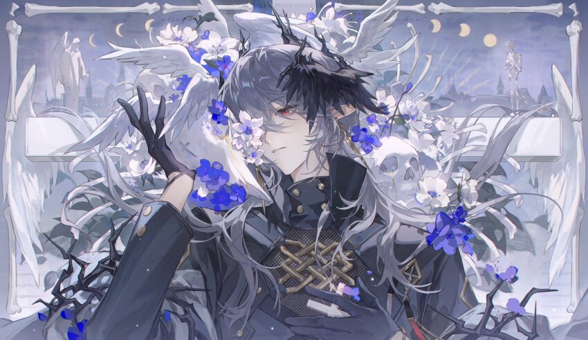 1boy animal animal_on_head arknights bird bird_on_head black_gloves black_jacket black_shirt black_wings blue_flower bone commentary commission cross dove english_commentary feathered_wings flower flower_over_eye gloves grey_background grey_hair hand_up head_wings high_collar highres honey jacket logos_(arknights) logos_(npc)_(arknights) long_hair looking_to_the_side male_focus moon moon_phases on_head parted_lips pointy_ears red_eyes shirt smusmuye solo statue white_flower white_wings wings