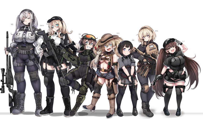 6+girls absurdres ammunition armor assault_rifle baseball_cap belt black_footwear black_gloves black_hair black_legwear black_pants black_shorts blaser_r93 blonde_hair blue_eyes bodysuit bolt-action_rifle bolt_action boots breast_pocket breasts brown_belt brown_footwear brown_gloves brown_hair brown_headwear brown_vest bulletproof_vest bullpup camouflage choker combat_boots combat_knife cowboy_hat curvy denim denim_shorts double-barreled_shotgun double_barrels elbow_gloves expressionless fang fingerless_gloves fn_five-seven fn_herstal fn_scar full_body garter_belt garter_straps glock glock_18 gloves goggles goggles_on_head grey_eyes grey_headwear grey_legwear grey_leotard grey_shirt grey_skirt grin gun h&amp;k_mp5k hair_between_eyes handgun hat headset heckler_&amp;_koch height_difference highres holding holding_gun holding_weapon horizontal_magazine knee_pads knife konoshige_(ryuun) lace-up_boots large_breasts leotard load_bearing_vest loafers long_hair long_sleeves looking_at_viewer machine_pistol magazine_(weapon) medium_breasts military military_combat_uniform military_uniform miniskirt mole mole_under_eye multiple-barrel_gun multiple_girls muzzle_device navel necktie one_side_up open_clothes open_mouth open_vest original p90 pants pdw-caliber_pistol personal_defense_weapon personification pistol plump pocket polygonal_suppressor pouch prototype_design rifle sawed-off_shotgun scope sheath sheathed shirt shoes short_hair short_hair_with_long_locks short_shorts short_sleeves shorts shortstack shotgun shotgun_shell shoulder_armor side-by-side-barreled_shotgun sidelocks silver_hair simple_background skin_fang skin_tight skirt small_breasts smile sniper_rifle standing straight-pull_rifle straight_pull submachine_gun suppressor tactical_clothes thick_thighs thighhighs thighs tie_clip trigger_discipline twintails utility_belt very_long_hair vest weapon white_gloves wide_hips yellow_eyes