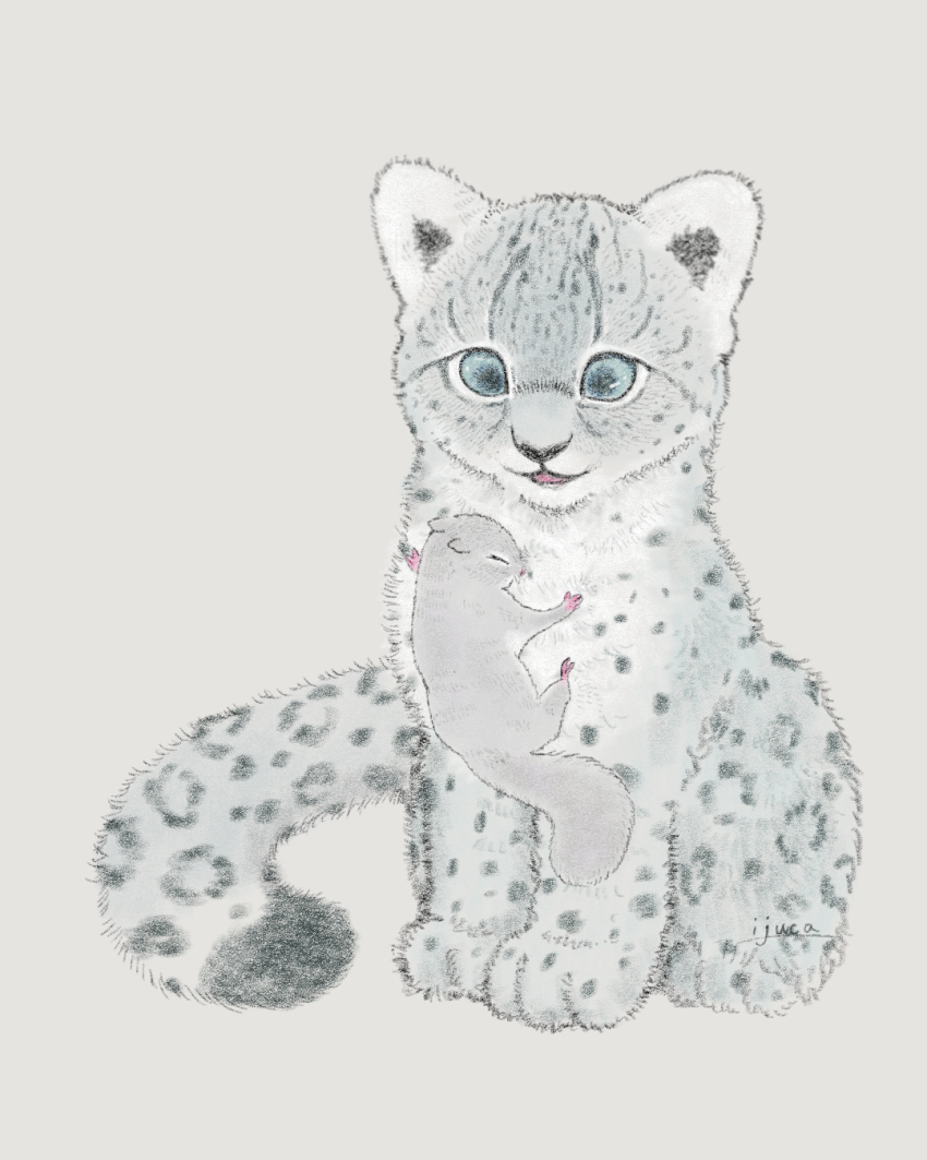 animal animal_focus blue_eyes closed_eyes commentary_request flying_squirrel full_body grey_background highres ijuca looking_at_another no_humans open_mouth original profile simple_background size_difference snow_leopard squirrel