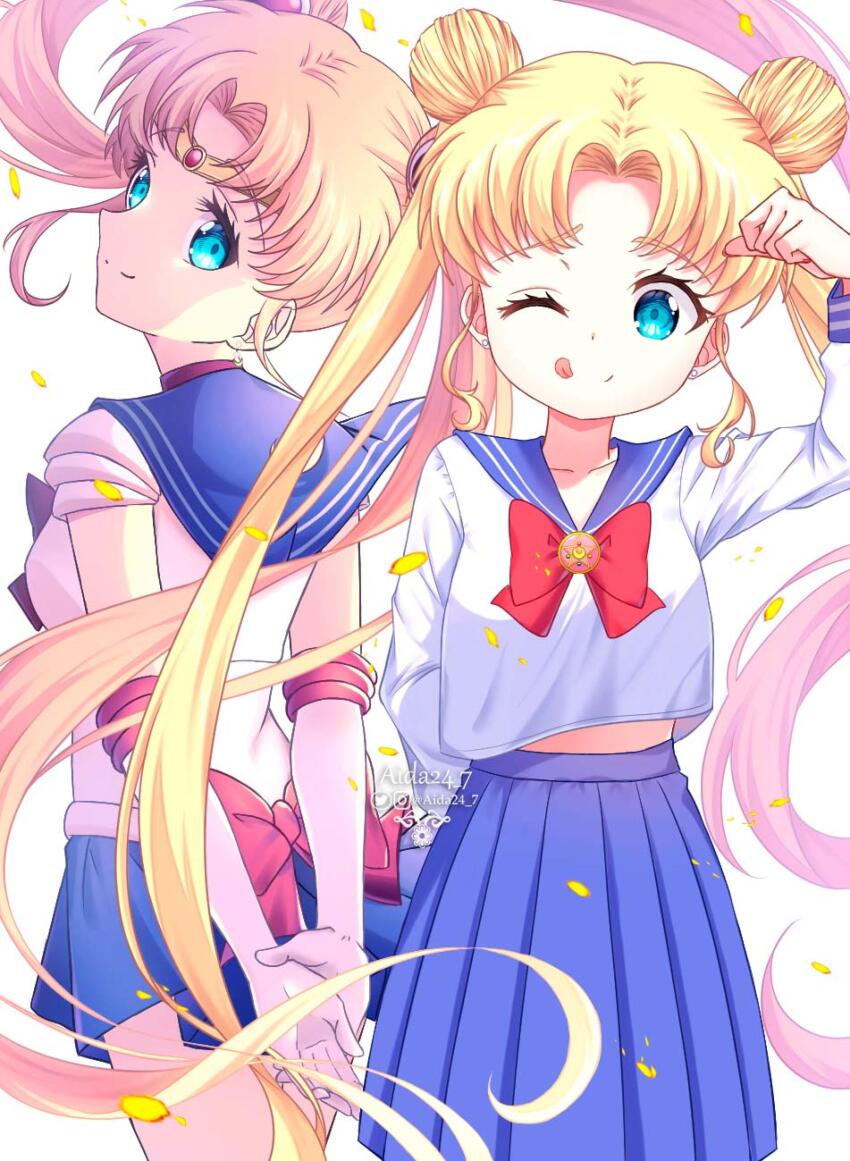 1girl ;q absurdres aida24_7 aqua_eyes arm_up arms_behind_back bishoujo_senshi_sailor_moon blonde_hair blue_sailor_collar blue_skirt bow circlet collared_shirt commentary double_bun dual_persona earrings english_commentary eyelashes hair_bun highres jewelry long_hair long_sleeves looking_back magical_girl multiple_views one_eye_closed red_bow sailor_collar sailor_moon school_uniform serafuku shirt skirt smile split_mouth tongue tongue_out tsukino_usagi twintails very_long_hair white_background white_shirt yellow_petals