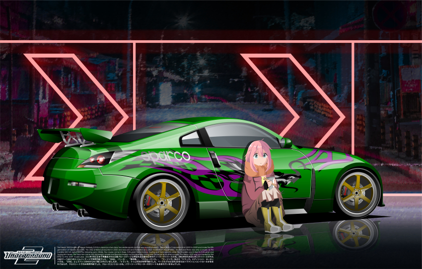 absurdres arrow_(symbol) black_gloves boots car chopsticks copyright_name cup_ramen english_text fingerless_gloves gloves green_car green_eyes highres holding holding_chopsticks jacket kagamihara_nadeshiko logo motor_vehicle need_for_speed need_for_speed:_underground_2 nissan nissan_350z nissan_fairlady_z pants pink_hair pink_pants red_jacket rlayuta sitting sparco spoiler_(automobile) sponsor sports_car surprised vehicle_focus yellow_boots yurucamp
