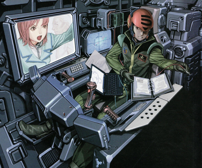 1girl 2boys binder brown_eyes brown_hair cable cockpit computer controller gundam helmet holding holding_cable joystick laptop mecha mecha_pilot_suit mobile_suit mobile_suit_gundam monitor multiple_boys open_mouth pilot robot science_fiction sitting turning_page