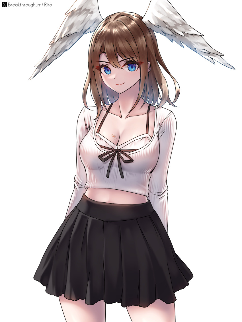 1girl absurdres alternate_costume arms_behind_back black_skirt blue_eyes breasts brown_hair cleavage closed_mouth collarbone commentary eunie_(xenoblade) head_wings highres large_breasts looking_at_viewer medium_hair pleated_skirt riro_(breakthrough_rr) simple_background skirt solo standing white_background wings xenoblade_chronicles_(series) xenoblade_chronicles_3