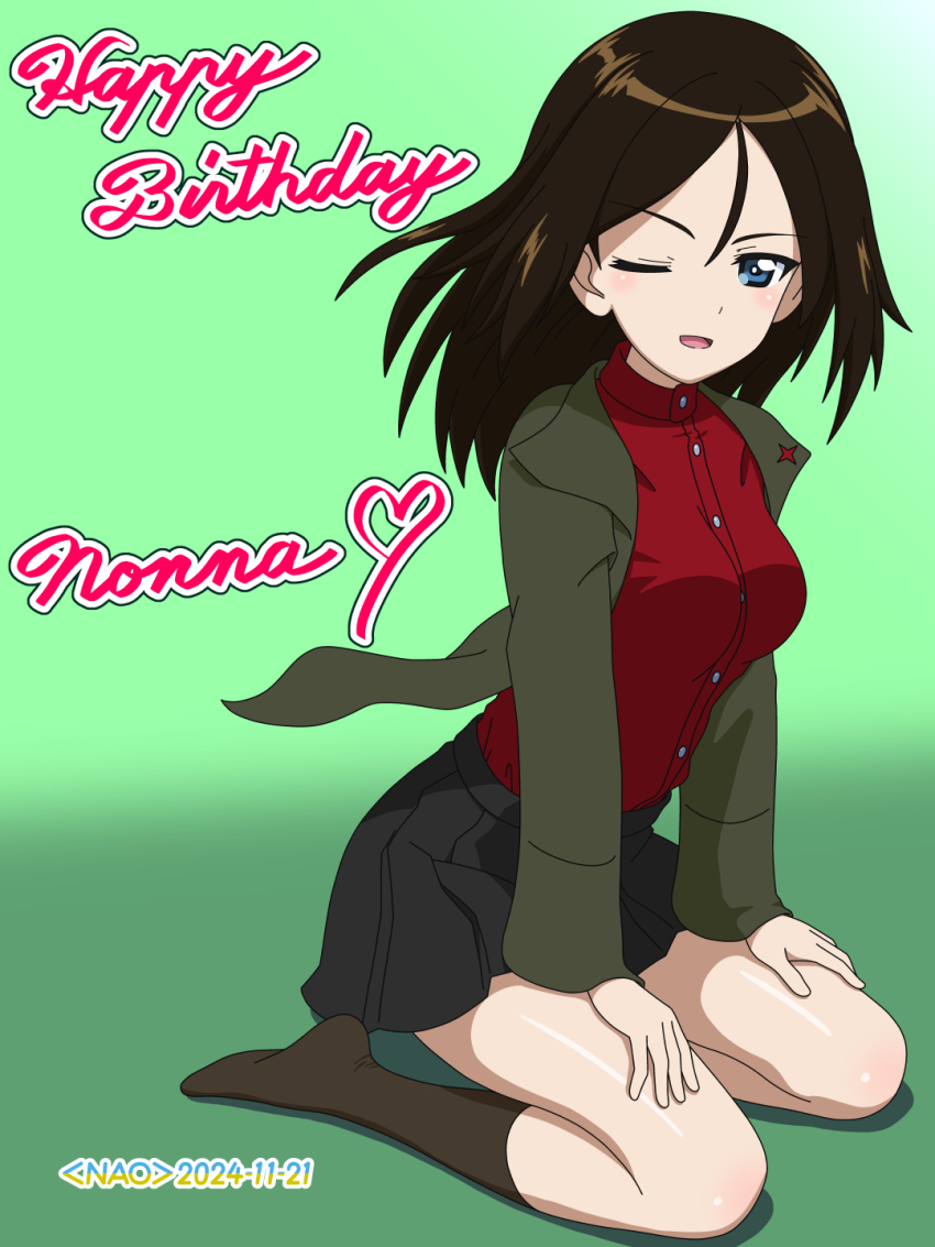 1girl black_hair black_skirt black_socks blue_eyes blush breasts character_name dated girls_und_panzer green_background happy_birthday highres kneeling large_breasts long_hair looking_at_viewer military_uniform miniskirt naotosi nonna_(girls_und_panzer) one_eye_closed open_mouth pleated_skirt pravda_military_uniform red_shirt shirt signature simple_background skirt smile socks solo