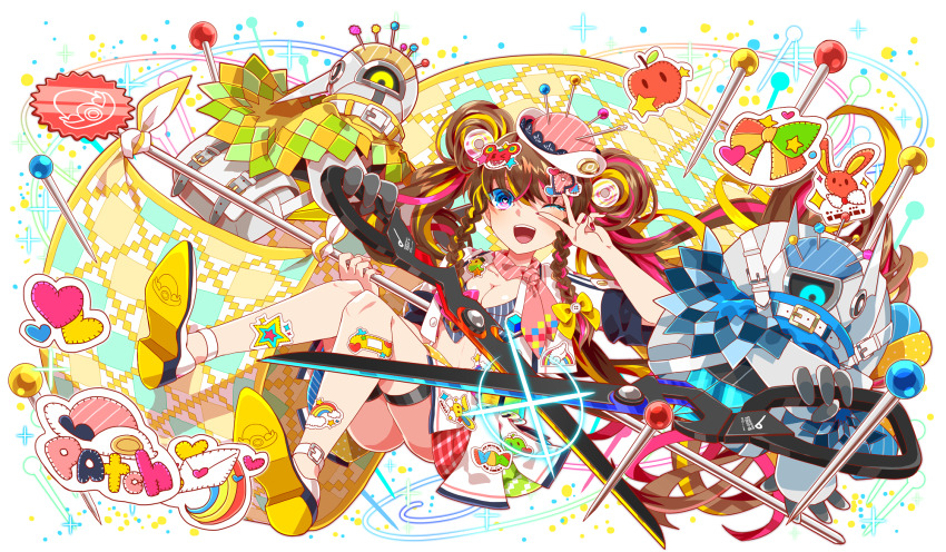 1girl 2others alternate_hairstyle anime_coloring ankle_belt apple_sticker aqua_eyes bandaid_sticker bare_legs belt belt_buckle bird_sticker black_sleeve_cuffs black_straps blonde_hair blue_eyes blue_poncho bow bow_sticker braided_sidelock breasts buckle buttons candy_sticker cape character_name character_sticker cleavage collar collarbone collared_jacket colored_eyelashes colored_shoe_soles crash_fever cropped_jacket cropped_shirt diagonal-striped_scarf english_text envelope_sticker fingernails flag food fruit full_body game_cg gold_buckle grey_belt hair_bow hair_ornament hat hat_print hat_sticker headwear_request heart heart_in_eye highres holding holding_flag holding_scissors jacket jerry_(crash_fever) large_breasts lens_flare libertylq light_brown_hair light_particles long_hair long_sidelocks looking_at_viewer low-tied_long_hair midriff miniskirt multicolored_cape multicolored_hair multiple_others nail_polish navel needle no_socks official_alternate_hairstyle official_art one-eyed one_eye_closed outline pat_(crash_fever) patch_(crash_fever) pink_bow pink_hair pink_hat pink_scarf pinstripe_pattern pinstripe_shirt plaid_clothes plaid_skirt plus_sign poncho rabbit_(crash_fever) rabbit_sticker rainbow_sticker red_nails red_outline scarf scissors sewing_needle sewing_pin shirt shoe_soles short_sleeves sidelocks skirt sleeve_cuffs solo_focus square square_print star_sticker sticker_on_collar sticker_on_hair symbol_in_eye teeth tern_(crash_fever) thigh_strap third-party_source twintails upper_teeth_only v v_over_eye very_long_hair white_background white_bag white_belt white_collar white_footwear white_jacket white_skirt white_sleeves wing_sticker wispy_bangs yellow_bow yellow_eyes