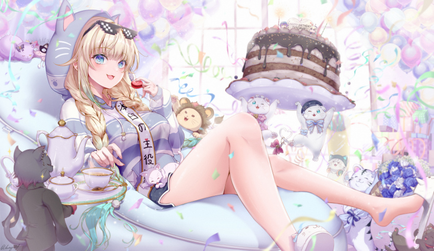 1girl absurdres aizawa_ema aizawa_ema_(4th_costume) animal_hood animal_slippers aqua_hair birthday_cake black_shorts blonde_hair blue_eyes braid cake dolphin_shorts eyewear_on_head food gradient_hair highres hood indoors long_hair long_sleeves looking_at_viewer motoja_72p multicolored_hair on_bed open_mouth shorts slippers smile solo twin_braids very_long_hair virtual_youtuber vspo! white_slippers