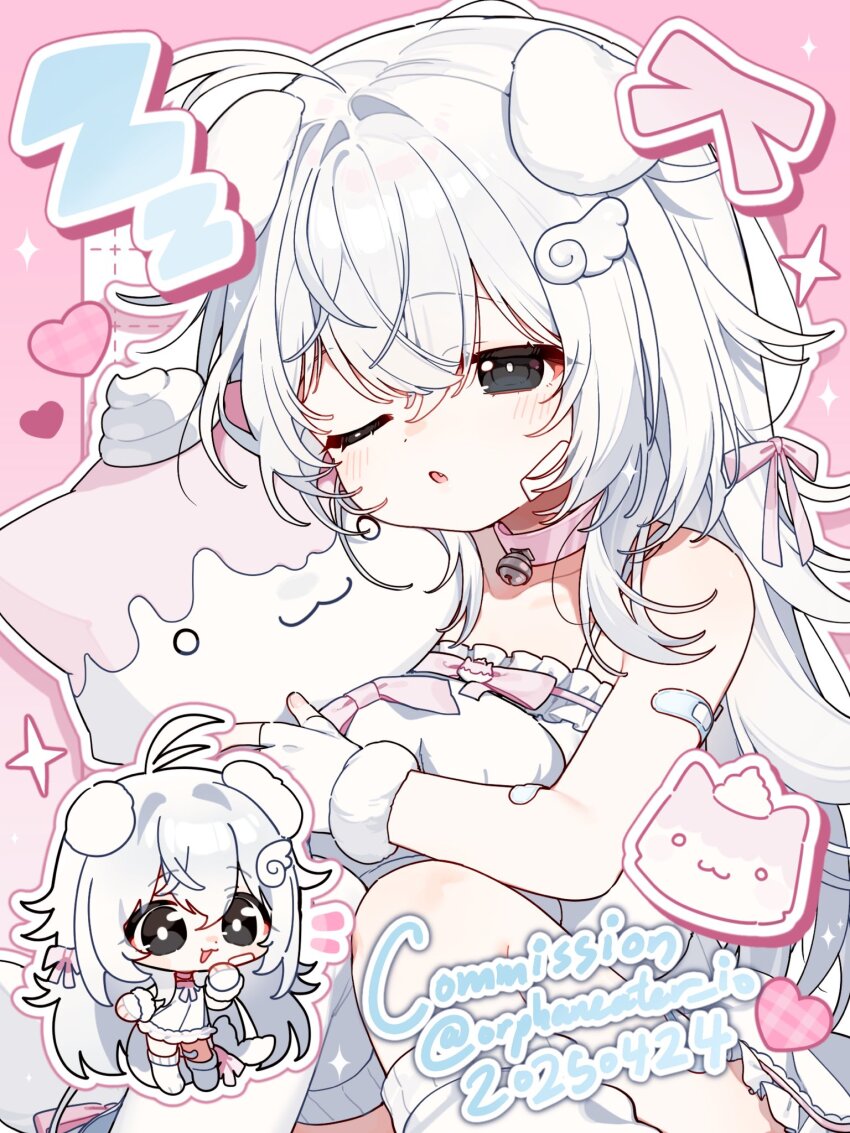 1girl :3 ahoge antenna_hair bandaid bandaid_on_arm bandaid_on_cheek bandaid_on_face bare_shoulders bell black_eyes blue_bandaid blush bow camisole chibi chibi_inset collar collarbone commission dated diamond_(shape) fang fingerless_gloves frilled_camisole frills fur-trimmed_gloves fur_trim gloves hair_between_eyes hair_intakes hair_ornament hair_over_shoulder hair_ribbon half-closed_eyes heart highres holding holding_stuffed_toy knees_together_feet_apart leg_warmers long_hair neck_bell one_eye_closed original orphaneater_io parted_lips pink_background pink_bow pink_collar pink_ribbon ribbon sidelocks sitting spaghetti_strap stuffed_toy twitter_username very_long_hair white_camisole white_gloves white_hair white_leg_warmers wing_hair_ornament zzz