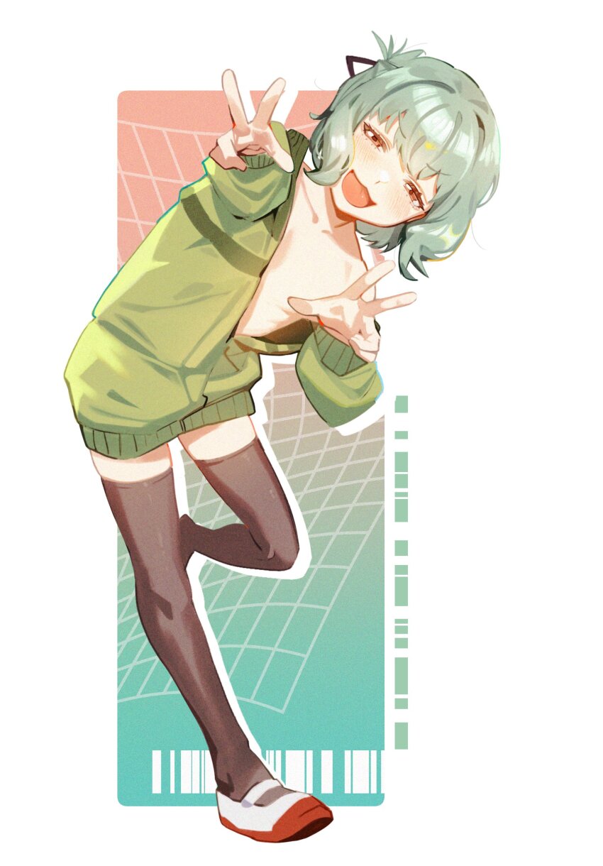 1boy :3 absurdres black_thighhighs collarbone eyelashes full_body green_hair green_jacket highres hikoumitsu jacket leg_up male_focus mary_janes open_clothes open_jacket open_mouth orange_eyes otori_tan seitokai_ni_mo_ana_wa_aru! shoes smile solo thighhighs v