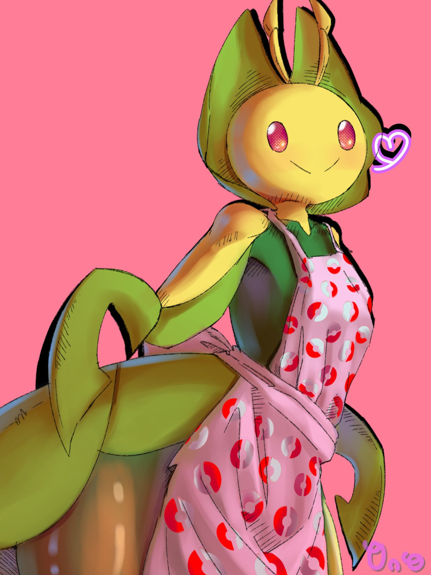 0no_(depressed0no) 1girl antennae apron arthropod_girl artist_name bare_shoulders blush closed_mouth clothed_pokemon colored_skin cowboy_shot female_focus flat_chest furry furry_female game_freak gen_5_pokemon green_skin happy heart highres leavanny light_blush looking_at_viewer multicolored_skin naked_apron nintendo pink_apron pink_background poke_ball_print pokemon pokemon_(creature) red_eyes shiny_skin signature simple_background smile solo split_mouth standing wide_hips yellow_skin