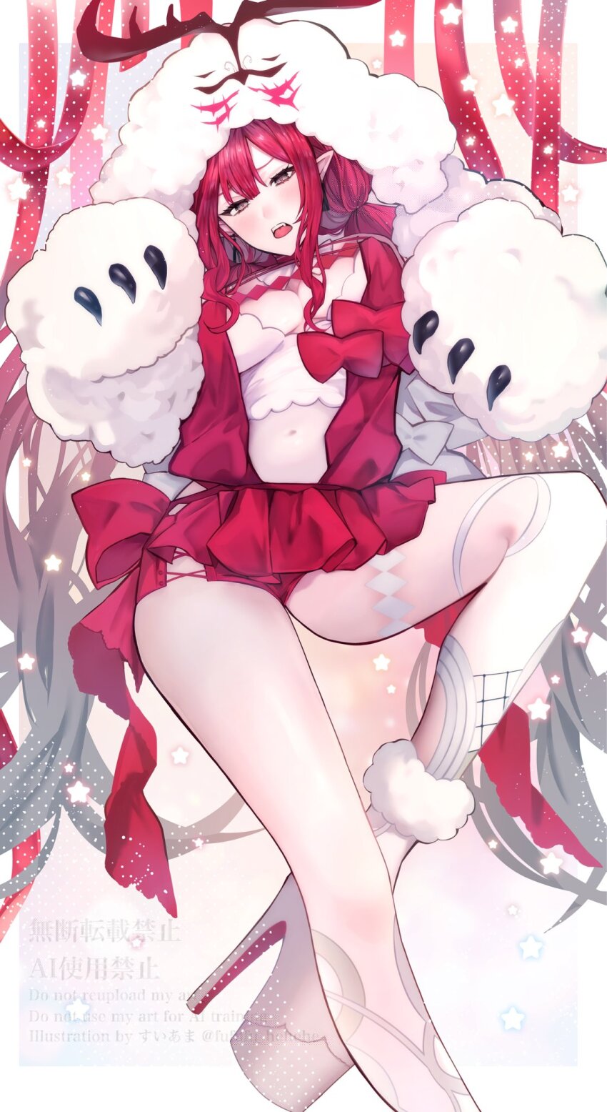 1girl baobhan_sith_(fate) baobhan_sith_(swimsuit_pretender)_(first_ascension)_(fate) breasts cernunnos_(fate) character_hood detached_collar earrings fangs fate/grand_order fate_(series) fufufu_hehehe grey_eyes headwear_with_attached_mittens highres jewelry long_hair looking_at_viewer navel open_mouth pink_hair pink_skirt platform_heels sidelocks skirt solo