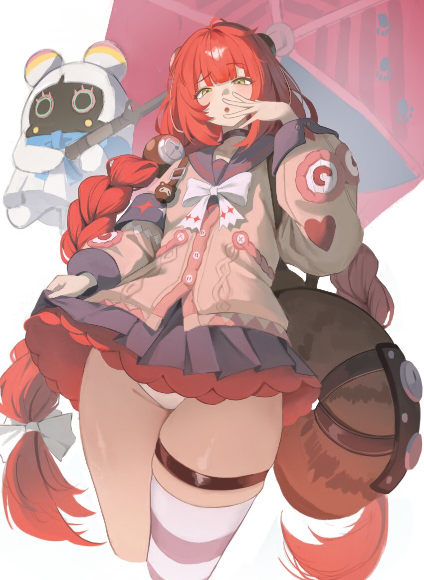 1girl :o absurdres bangboo_(zenless_zone_zero) black_choker black_sailor_collar black_skirt bow bowtie braid cardigan chest_bow choker crunchy_(namtaehyeon1234) green_eyes highres long_hair looking_at_viewer panties pink_cardigan red_hair red_umbrella sailor_collar school_uniform skirt thigh_strap thighhighs twin_braids twintails ukinami_yuzuha umbrella underwear white_bow white_bowtie white_panties zenless_zone_zero zettai_ryouiki