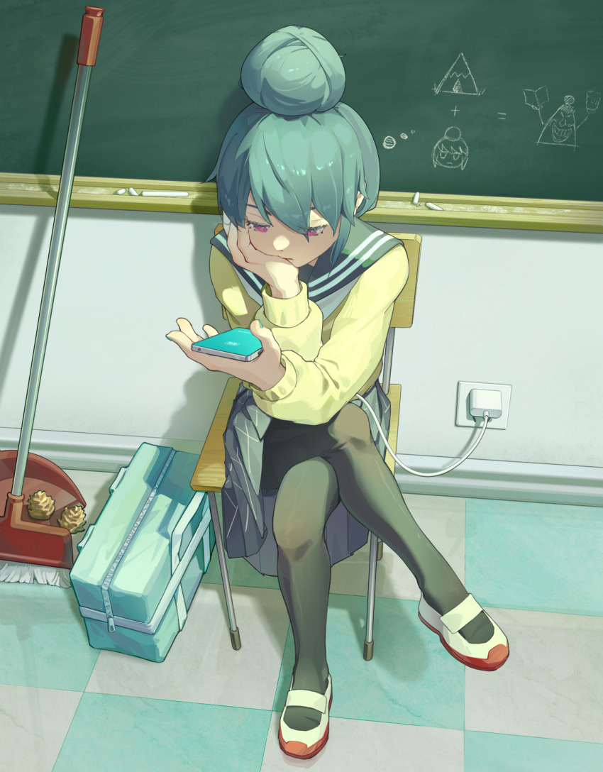 bag blue_hair broom cellphone chair chalk chalkboard classroom commentary_request crossed_legs dustpan electrical_outlet full_body hair_bun hand_on_own_face highres holding holding_phone indoors long_sleeves looking_at_phone motosu_school_uniform pantyhose phone plaid_clothes plaid_skirt pleated_skirt power_strip red_eyes sailor_collar school_chair school_uniform serafuku shima_rin shoes single_hair_bun sitting skirt smartphone song113 sweater uwabaki yurucamp