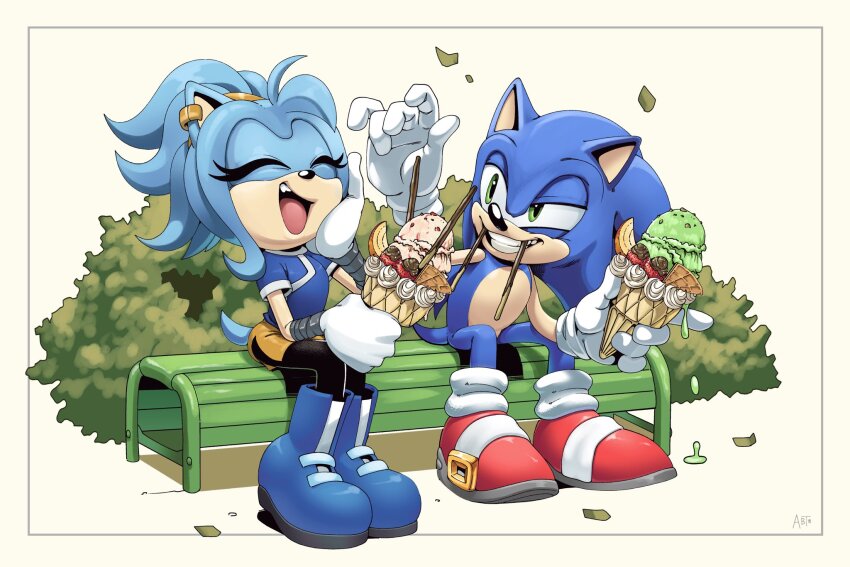 1boy 1girl adam_bryce_thomas animal_ear_piercing animal_ears bench black_pantyhose blue_footwear blue_fur blue_hair blue_shirt boots bush ciani_(stephcube) closed_eyes food food_in_mouth furry furry_female furry_male gloves green_eyes grin high_ponytail highres holding holding_food holding_ice_cream ice_cream laughing looking_at_another medium_hair open_mouth original pantyhose park_bench pocky pocky_in_mouth ponytail red_footwear shirt shoes short_sleeves sitting skirt smile sonic_(series) sonic_the_hedgehog tail teeth two-tone_footwear white_footwear white_gloves yellow_skirt