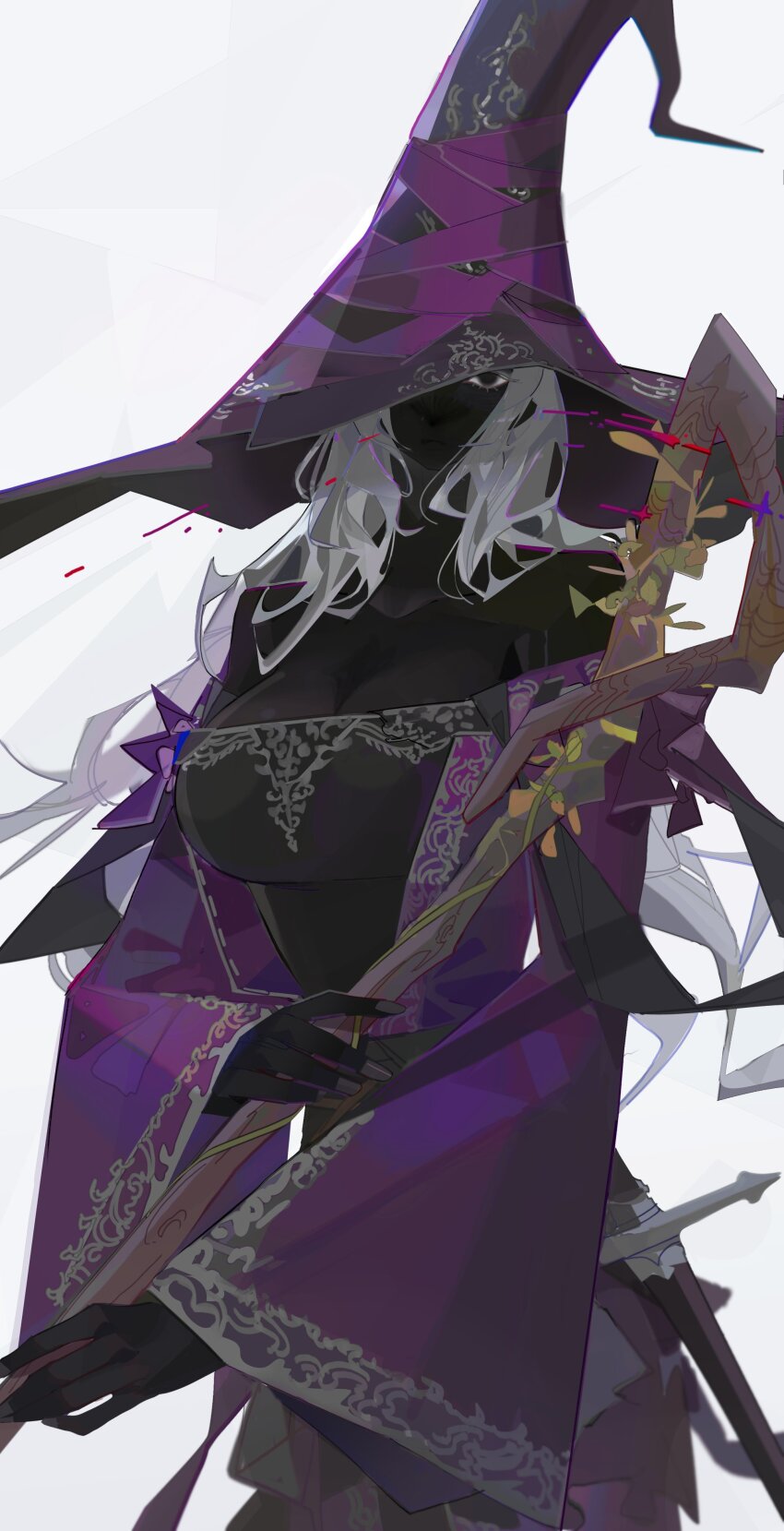 1girl absurdres bare_shoulders black_eyes breasts cleavage colored_eyelashes colored_skin commentary cowboy_shot dark-skinned_female dark_skin detached_sleeves dress elden_ring elden_ring_nightreign english_commentary hair_over_shoulder hat highres holding holding_staff large_breasts long_hair looking_at_viewer mage_staff nslacka one_eye_covered purple_dress recluse_(elden_ring) solo staff very_dark_skin very_long_hair white_background white_eyelashes white_hair wide_sleeves witch witch_hat