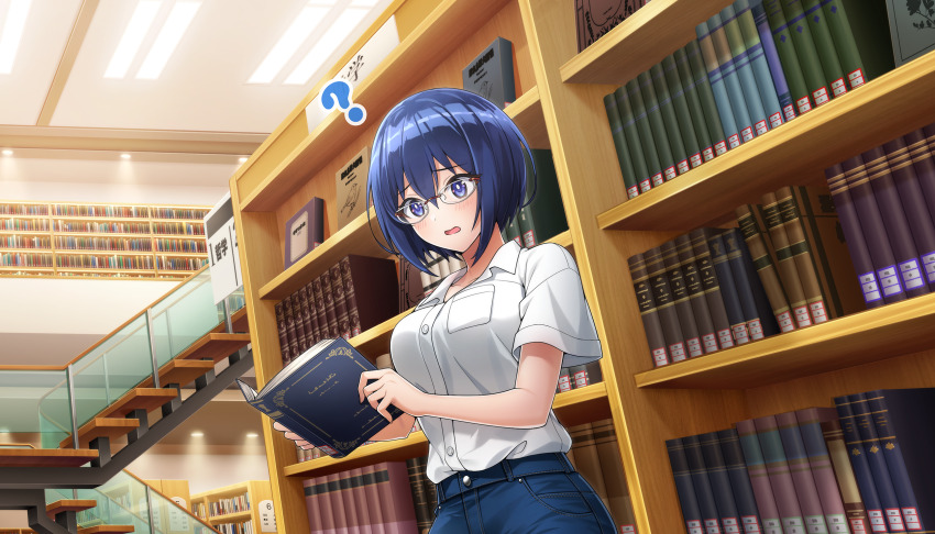 1girl ? blue_eyes blue_hair book bookshelf breast_pocket breasts copyright_notice denim denim_shorts dolphin_wave from_side glasses hair_between_eyes highres holding holding_book indoors jeans large_breasts library non-web_source official_art ootomo_takuji open_book pants pocket rimless_eyewear shirt short_hair short_sleeves shorts solo tojou_michiru upper_body white_shirt