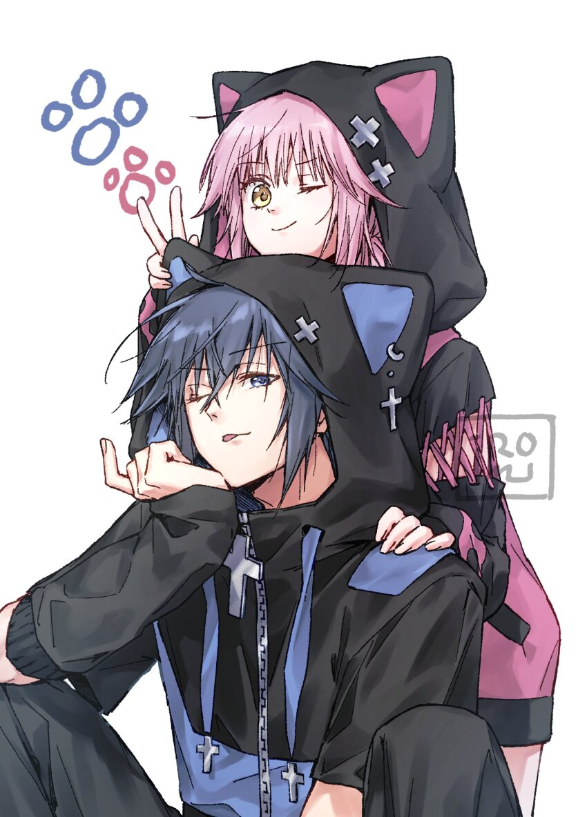 1boy 1girl animal_ears blue_eyes blue_hair cat_ears cross hands_on_another&#039;s_shoulders hands_on_own_face highres hinamori_amu iromirmiromi pink_hair short_hair shugo_chara! sweater tongue tongue_out tsukiyomi_ikuto v white_background yellow_eyes