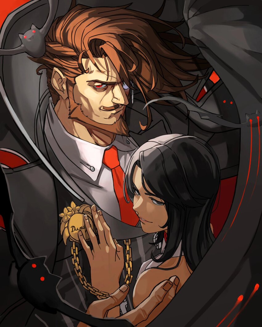 1boy 1girl bat_(animal) beard black_eyes black_hair black_jacket brown_hair chriscas couple english_text facial_hair formal_clothes goatee guilty_gear guilty_gear_strive highres husband_and_wife jacket long_hair monocle mustache necktie red_background red_eyes red_necktie sharon_(guilty_gear) slayer_(guilty_gear) suit