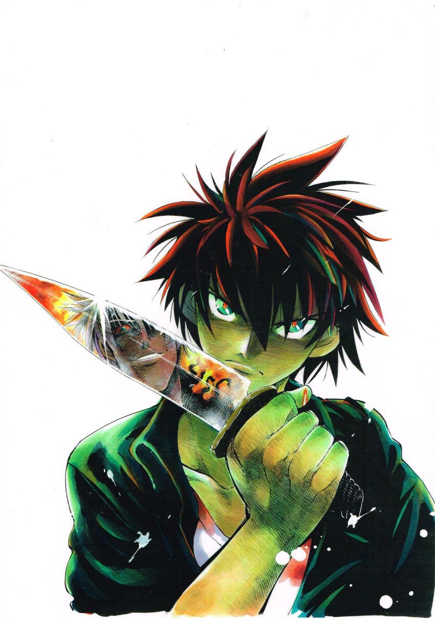 2boys arai_takahiro black_hair darren_shan glaring highres holding holding_knife holding_weapon knife male_focus multiple_boys official_art reflection short_hair smile solo_focus steve_leonard the_saga_of_darren_shan weapon