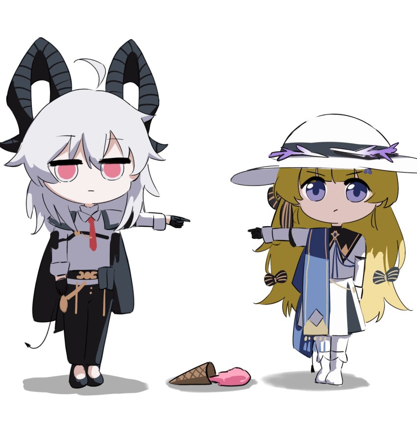 2girls ahoge arm_pouch armor black_armor black_collar black_gloves black_horns black_jacket black_pants black_pouch black_shoes black_tank_top blonde_hair blue_eyes blue_sash boots chest_harness chibi chibi_only closed_mouth collar collared_shirt commentary cryne curled_horns demon_tail food gloves harness hat highres horns ice_cream ice_cream_cone ice_cream_cone_spill jacket jacket_on_shoulders long_sleeves looking_at_viewer medium_hair multiple_girls necktie pants pantyhose phoebe_(wuthering_waves) pointing pointing_at_another red_eyes red_necktie sash shirt shoes simple_background skirt symbol-only_commentary tail tank_top v-shaped_eyebrows white_background white_boots white_hair white_hat white_pantyhose white_shirt white_skirt wuthering_waves zani_(wuthering_waves)