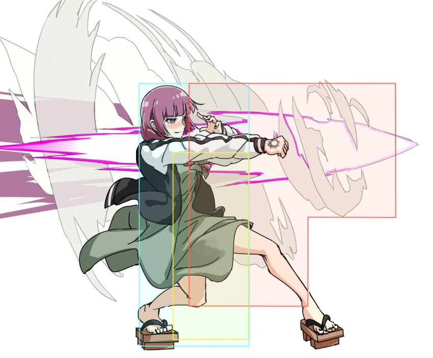 1girl black_jacket black_nails blush bocchi_the_rock! bow dress fighting_game fingernails full_body geta green_bow green_dress guilty_gear hair_bow hair_over_shoulder hiroi_kikuri hitbox jacket long_hair long_sleeves medium_dress nail_polish nose_blush open_clothes open_jacket pink_eyes pink_hair simple_background slayer_(guilty_gear) solo toenails torako_(toramaru) white_background white_jacket