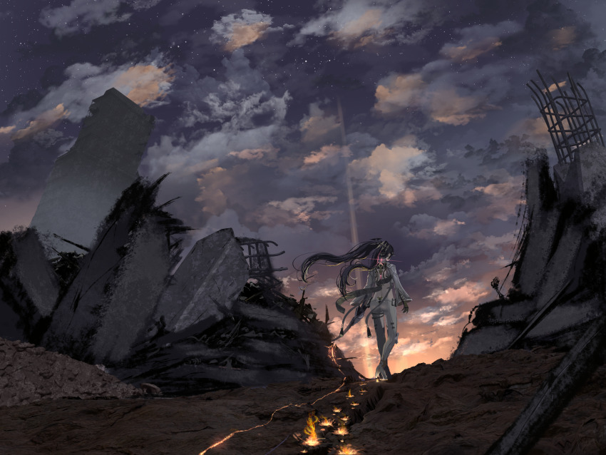1girl absurdres black_hair cloud cloudy_sky fire full_body highres long_hair lucia:_pyroath_(pgr) lucia_(pgr) mechanical_arms multicolored_hair outdoors punishing:_gray_raven ruins saif_artz scenery sky solo star_(sky) sunset twintails two-tone_hair very_long_hair