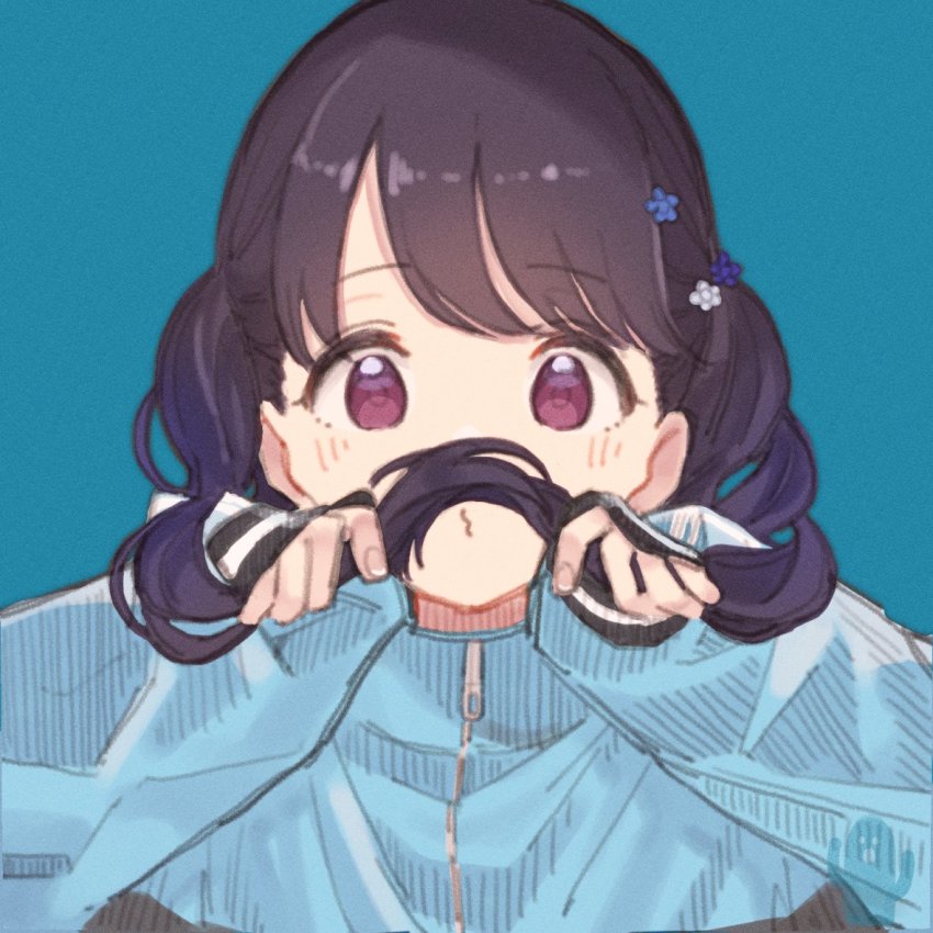 1girl blue_background blue_jacket blurry blush commentary_request film_grain flower fukumaru_koito hair_flower hair_ornament holding holding_own_hair idolmaster idolmaster_shiny_colors ir jacket looking_at_viewer paayan_(hagakinorock54) purple_eyes solo track_jacket twintails upper_body zipper