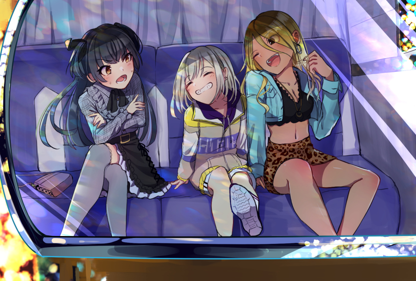 3girls :d angry animal_print bag black_hair blonde_hair blouse blunt_bangs blunt_ends blush brown_eyes brown_hair crop_top crossed_arms crossed_legs dark-skinned_female dark_skin drawstring earrings eyes_visible_through_hair frilled_skirt frills gradient_hair grey_shirt grey_thighhighs grin gyaru hair_over_one_eye hair_ribbon handbag highres hood hoodie hoop_earrings idolmaster idolmaster_shiny_colors iroha izumi_mei jacket jewelry leopard_print long_hair mayuzumi_fuyuko miniskirt multicolored_hair multiple_girls neck_ribbon necklace open_mouth plaid_clothes plaid_shirt playing_with_own_hair reflection ribbon serizawa_asahi shirt shoes short_hair shorts sitting skirt smile sneakers stomach straylight_(idolmaster) sweatdrop tagme tan thighhighs v-shaped_eyebrows
