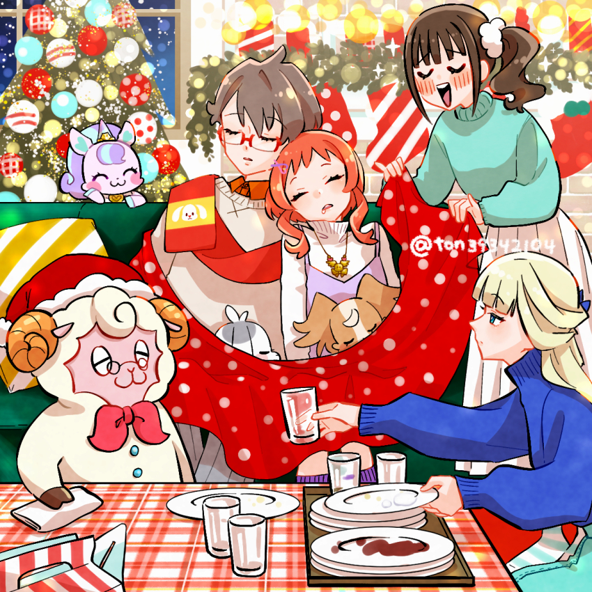 1other 2boys 5girls :3 aqua_skirt aqua_sweater bed_sheet blonde_hair blue_eyes blue_ribbon blue_sweater blush bowtie brown_hair brown_sweater christmas christmas_lights christmas_ornaments christmas_tree closed_eyes closed_mouth collared_shirt couch cup daifuku_(precure) dog dress fairy glasses grey_pants hair_ornament hair_ribbon hairclip hat holding holding_cup holding_plate inukai_iroha inukai_komugi inukai_komugi_(dog) jewelry long_hair long_sleeves medium_hair mehmeh_(wonderful_precure!) multiple_boys multiple_girls necklace nekoyashiki_mayu nekoyashiki_yuki nico-sama open_mouth orange_shirt pants pillow pinafore_dress pink_hair plate precure purple_dress purple_socks rabbit red-framed_eyewear red_bow red_bowtie red_hat red_scarf red_socks ribbon santa_hat scarf scrunchie semi-rimless_eyewear sheep shirt short_hair side_ponytail skirt sleeping sleeveless_dress smile snowing socks sweater table ton_(ton39342104) toyama_daifuku toyama_satoru twitter_username unicorn white_scrunchie white_skirt white_sweater window wonderful_precure!