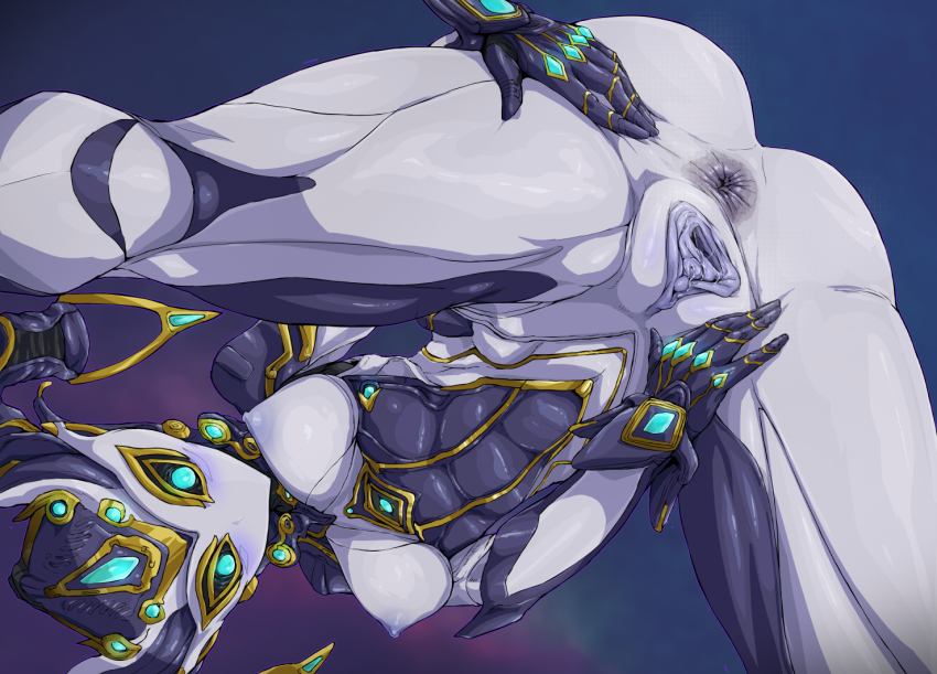 1girl anus ass blue_eyes breasts clitoris colored_skin from_below mirage_(warframe) mirage_prime_(warframe) multicolored_skin nipples pochincoff pussy spread_anus spread_legs spread_pussy uncensored urethra warframe