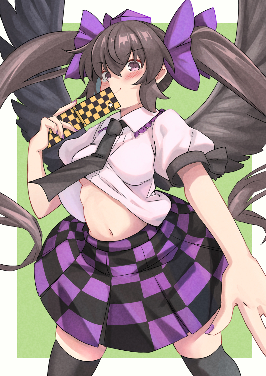 1girl absurdres bird_wings black_hair black_skirt black_thighhighs black_wings blush border brown_eyes cellphone checkered_clothes checkered_skirt closed_mouth commentary green_background hat highres himekaidou_hatate holding holding_phone long_hair midriff mob_cap navel phone purple_hat purple_skirt shirt short_sleeves simple_background skirt smile solo thighhighs touhou twintails white_border white_shirt wings yuuka_(a0240765)