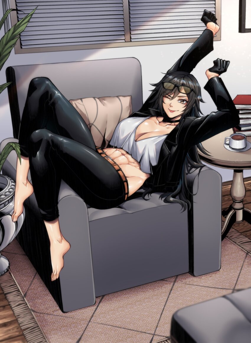 1girl abs apartment barefoot black_choker black_gloves black_hair black_jacket black_pants book book_stack breasts choker cleavage closed_curtains coffee coffee_mug coffee_table collarbone commentary commission couch crop_top cup curtains english_commentary eyewear_on_head feet glass gloves half_gloves highres huge_breasts jacket knees_up leaf leather leather_belt leather_jacket legs light_blush long_eyelashes long_hair long_sleeves lying messy_hair mug muscular muscular_female on_back on_couch one_eye_closed original pants picture_frame plant potted_plant rug seductive_smile sera_(judgemint) shade shadow shiny_clothes shiny_skin shirt smile solo stretching table tassel toenails toes tongue tongue_out unworn_eyewear white_paint white_shirt window window_shadow wooden_floor wooden_table wrinkled_fabric yugo_(yugotme97)