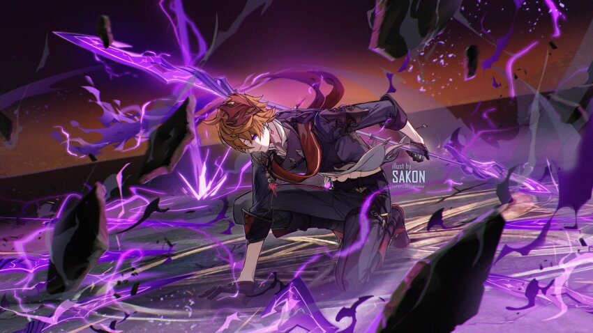 1boy ahoge artist_name belt belt_buckle black_boots black_gloves black_jacket black_pants boots buckle cape collared_shirt commentary crossed_bangs debris delusion_(genshin_impact) earrings electricity energy english_commentary floating_earrings floating_rock genshin_impact gloves glowing glowing_eyes gradient_cape hair_between_eyes half_gloves highres jacket jewelry kneeling long_sleeves looking_at_viewer male_focus mask mask_on_head navel on_one_knee orange_hair pants parted_lips popped_collar purple_cape purple_eyes red_cape red_mask rock sakon04 shirt short_hair sleeves_rolled_up smile solo stomach tartaglia_(delusion)_(genshin_impact) tartaglia_(genshin_impact) thigh_strap torn_cape torn_clothes twitter_username watermark white_shirt