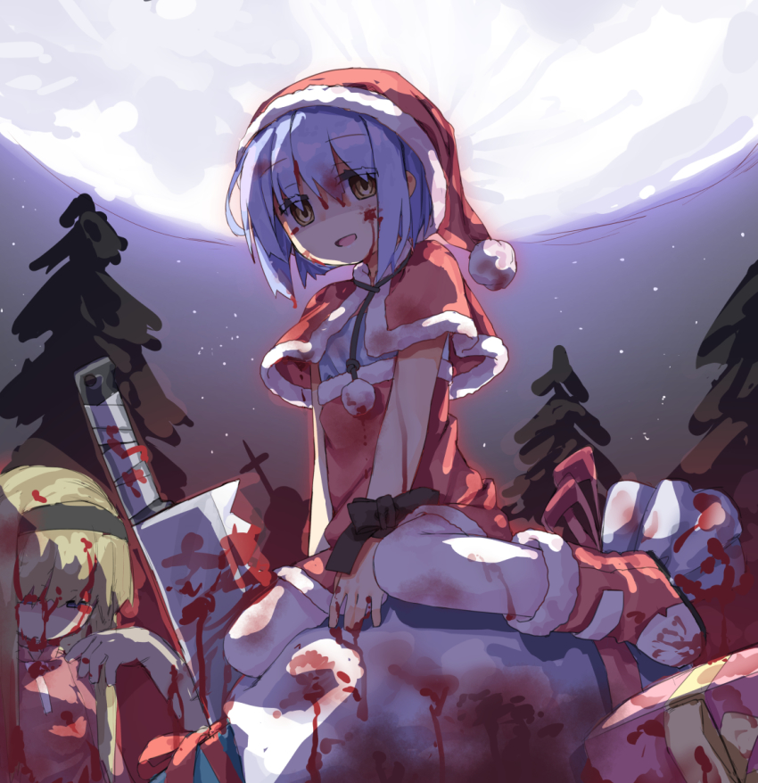 2girls blood capelet christmas cleaver death female_focus full_moon guro hassai hat highres moon multiple_girls night open_mouth original outdoors purple_hair santa_hat sitting wariza