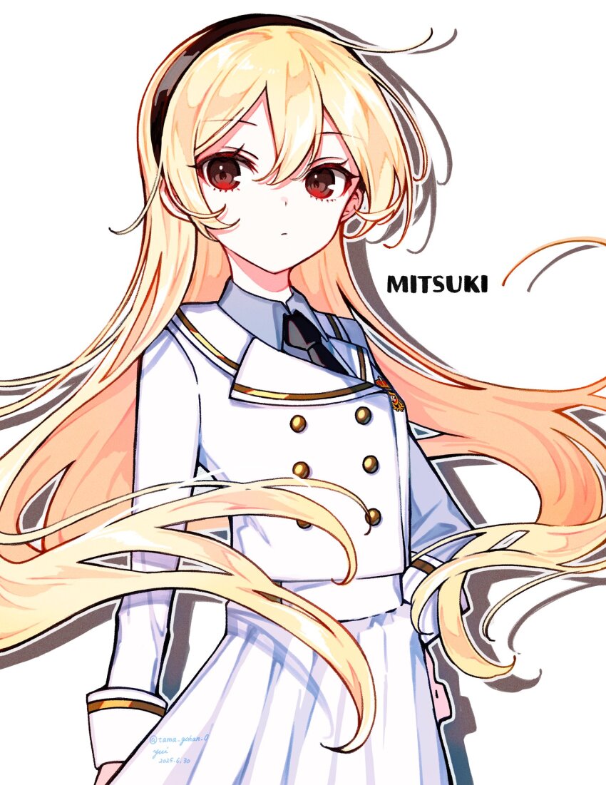 1girl blonde_hair bow hair_bow highres long_hair mitsuki_hiramatsu necktie original red_eyes romaji_text simple_background very_long_hair white_background yui_(tamagohan)