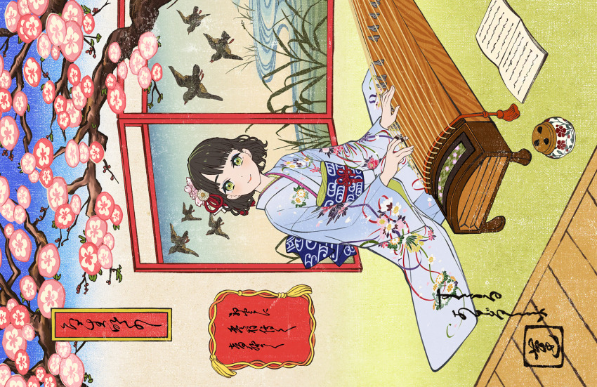 1girl archaic_japanese_text black_hair blue_kimono blue_sash blunt_bangs cherry_blossoms closed_mouth fine_art_parody floral_print floral_print_kimono flower folding_screen full_body game_cg green_eyes hair_flower hair_ornament half_updo hasu_no_sora_karuta_(love_live!) highres instrument japanese_clothes kimono koto_(instrument) link!_like!_love_live! long_sleeves looking_at_viewer love_live! momose_ginko music nihonga obi obiage obijime official_alternate_costume official_alternate_hairstyle official_art on_floor parody playing_instrument print_kimono rope sash shimenawa short_hair sideways sitting smile solo third-party_source translation_request virtual_youtuber white_flower wide_sleeves