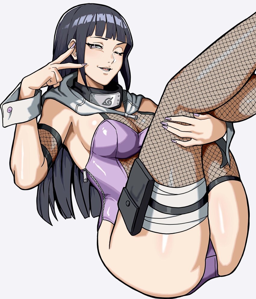 1girl absurdres arm_around_leg ass black_hair blunt_bangs breasts cleavage feet_out_of_frame fingernails fishnet_armwear fishnet_leotard fishnet_thighhighs fishnets forehead_protector grey_eyes highleg highleg_leotard highres hood hood_down hyuuga_hinata konohagakure_symbol leg_wrap legs_up leotard long_hair looking_at_viewer mikey_pie naruto_(series) naruto_shippuuden one_eye_closed open_mouth playboy_bunny purple_leotard purple_nails see-through_clothes see-through_cleavage see-through_midriff sideboob sidelocks sitting solo thighhighs v very_long_hair white_background white_wrist_cuffs wrist_cuffs zipper
