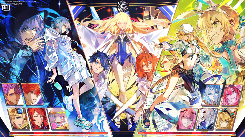 6+boys 6+girls absurdres ahoge animal_ear_hairband animal_ears artoria_caster_(fate) artoria_caster_(swimsuit)_(fate) artoria_caster_(swimsuit)_(first_ascension)_(fate) artoria_caster_(swimsuit)_(second_ascension)_(fate) artoria_caster_(swimsuit)_(third_ascension)_(fate) artoria_caster_(swimsuit_berserker)_(fate) artoria_caster_(swimsuit_berserker)_(first_ascension)_(fate) artoria_caster_(swimsuit_berserker)_(second_ascension)_(fate) artoria_caster_(swimsuit_berserker)_(third_ascension)_(fate) artoria_pendragon_(fate) asymmetrical_clothes asymmetrical_pants baggy_clothes baobhan_sith_(fate) baobhan_sith_(swimsuit_pretender)_(fate) baobhan_sith_(swimsuit_pretender)_(first_ascension)_(fate) bare_shoulders barghest_(fate) barghest_(swimsuit_archer)_(fate) barghest_(swimsuit_archer)_(first_ascension)_(fate) baseball_cap bikini black_hair black_jacket black_pants black_scrunchie blonde_hair blue_bow blue_dress blue_eyes blue_one-piece_swimsuit blue_ribbon blush blush_stickers bow breasts casual_one-piece_swimsuit character_hood character_select checkered_thighhighs chibi cleavage cropped_jacket detached_sleeves drawstring dress dress_bow duck_innertube eeju emiya_shirou fake_animal_ears fate/grand_order fate_(series) food fujimaru_ritsuka_(female) fujimaru_ritsuka_(female)_(summer_street) fujimaru_ritsuka_(male) fujimaru_ritsuka_(male)_(summer_street) gawain_(fate) gawain_(scion_of_summer)_(fate) green_eyes grey_hair hair_bow hair_ornament hair_scrunchie hairband hat highleg highleg_one-piece_swimsuit highres holding holding_food holding_popsicle hood hooded_jacket hoodie jacket lancelot_(fate/grand_order) lancelot_(strongest_knight_of_summer)_(fate) long_hair long_sleeves looking_at_viewer melusine_(fate) melusine_(swimsuit_ruler)_(fate) melusine_(swimsuit_ruler)_(first_ascension)_(fate) morgan_le_fay_(fate) morgan_le_fay_(water_princess)_(fate) multiple_boys multiple_girls navel oberon_(fate) oberon_(moody_summer_oberon)_(fate) oberon_(refreshing_summer_prince)_(fate) oberon_(third_ascension)_(fate) official_alternate_costume one-piece_swimsuit open_mouth open_pants orange_hair pants popsicle puffy_sleeves rabbit_ears ribbon sandals scrunchie senji_muramasa_(fate) short_hair shorts shrug_(clothing) side-tie_swimsuit single_bare_leg single_pantsleg smile sports_sandals striped_clothes striped_jacket sweatdrop swimsuit tristan_(fate) twintails very_long_hair white_bikini white_hat white_hoodie white_jacket white_shorts