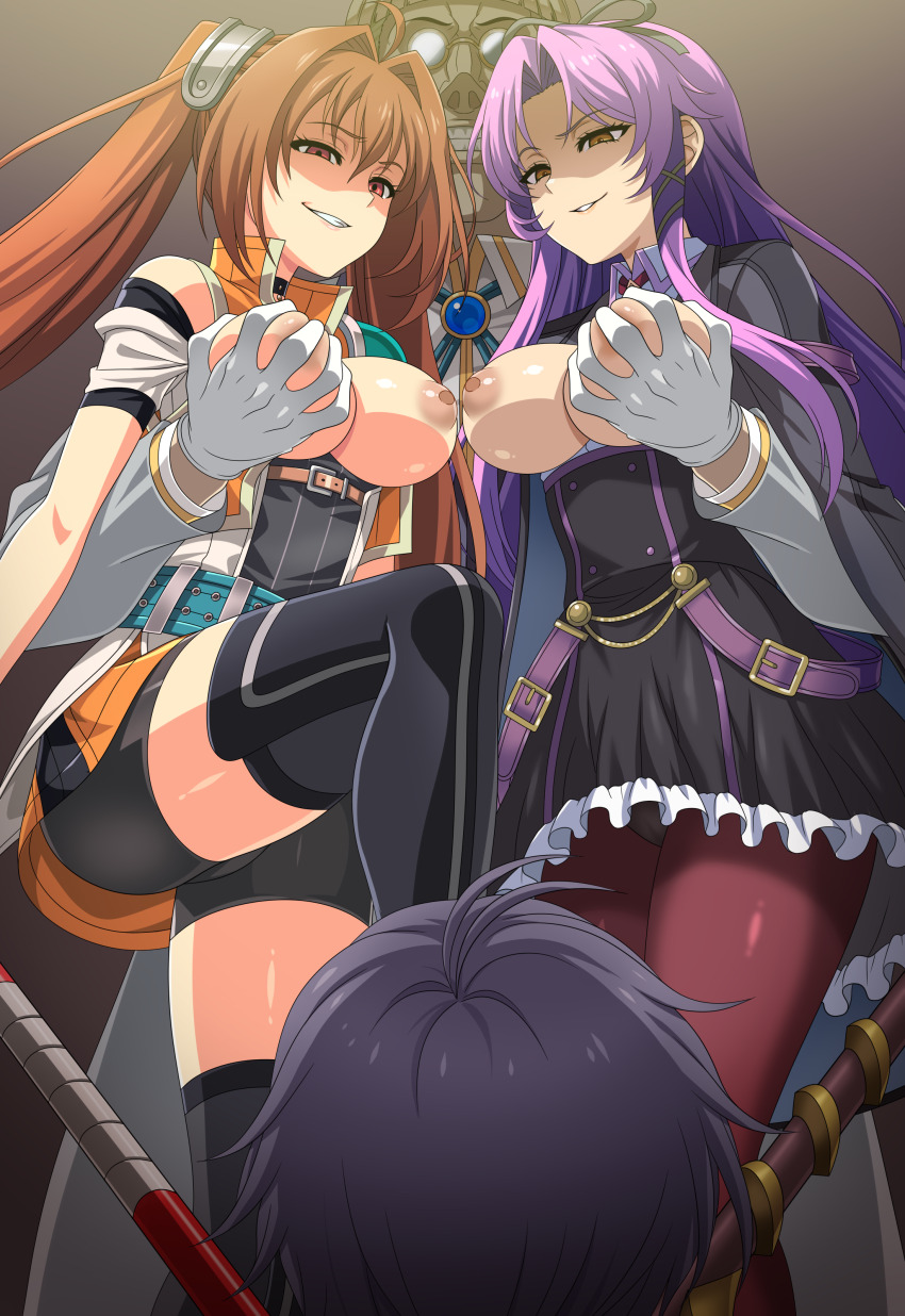 2boys 2girls absurdres bike_shorts black_panties breasts breasts_out brown_hair cameltoe eiyuu_densetsu estelle_bright evil_grin evil_smile femdom glasses grabbing_another&#039;s_breast grin groping hair_ribbon highres large_breasts legs long_hair looking_at_viewer looking_down multiple_boys multiple_girls naughty_face nipples panties pantyhose pantyshot parted_lips pink_lips purple_hair red_eyes renne_(eiyuu_densetsu) ribbon shaded_face smile sora_no_kiseki stomping teeth thighs twintails underwear weapon yellow_eyes