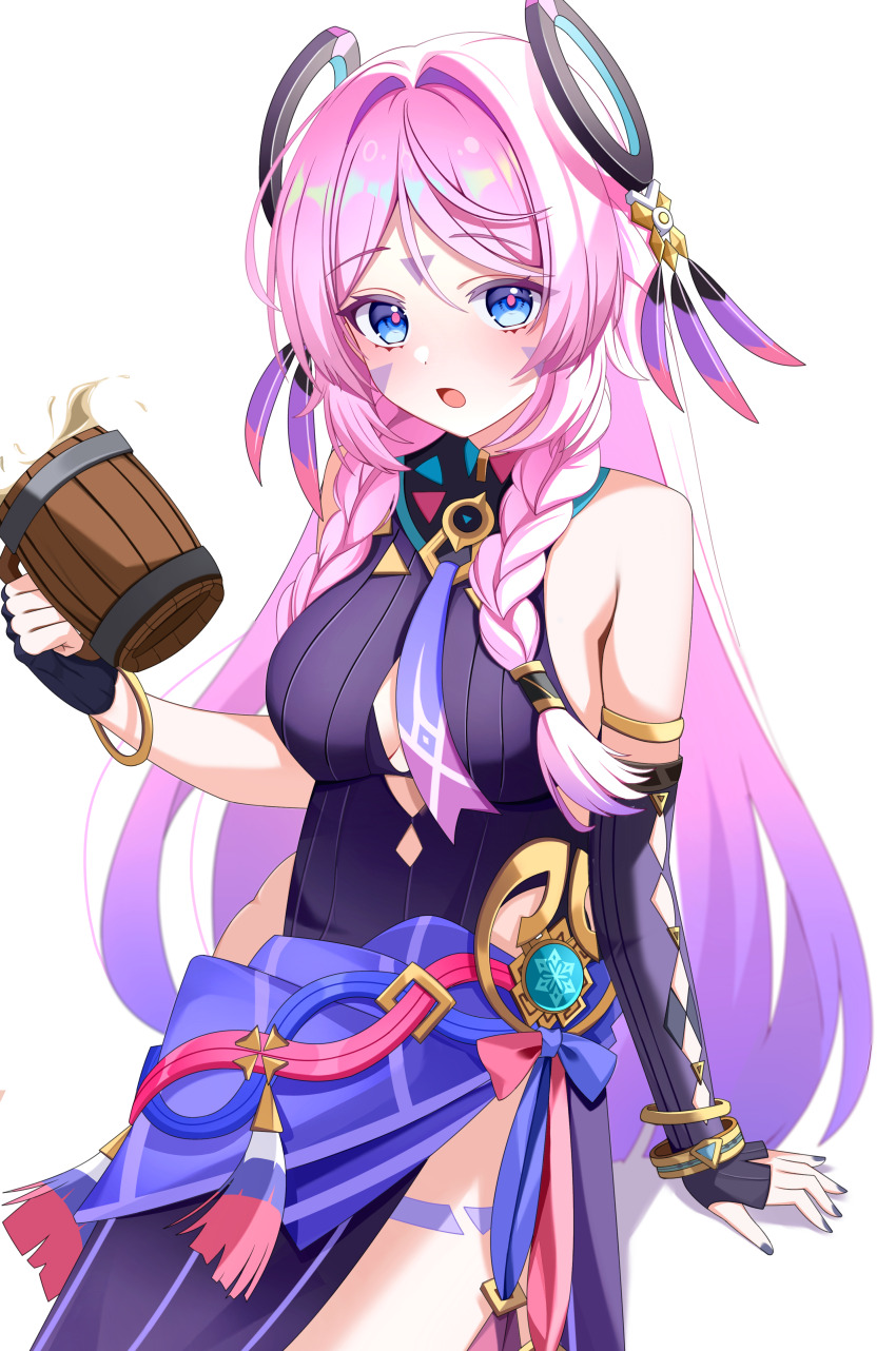 1girl absurdres bare_shoulders black_gloves black_leotard black_nails blue_eyes blunt_tresses bracelet braided_sidelock breasts citlali_(genshin_impact) cryo_symbol_(genshin_impact) facial_mark feather_hair_ornament feathers fingerless_gloves floating_headgear forehead_mark genshin_impact gloves gradient_hair hair_between_eyes hair_ornament highleg highleg_leotard highres jewelry kenomotsu_yukuwa leotard long_hair looking_at_viewer medium_breasts multicolored_hair nail_polish open_mouth parted_bangs pink_hair pink_pupils purple_feathers purple_hair sidelocks simple_background leotard sleeveless_turtleneck_leotard solo tankard thigh_marking triangle triangle_facial_mark vision_(genshin_impact) white_background