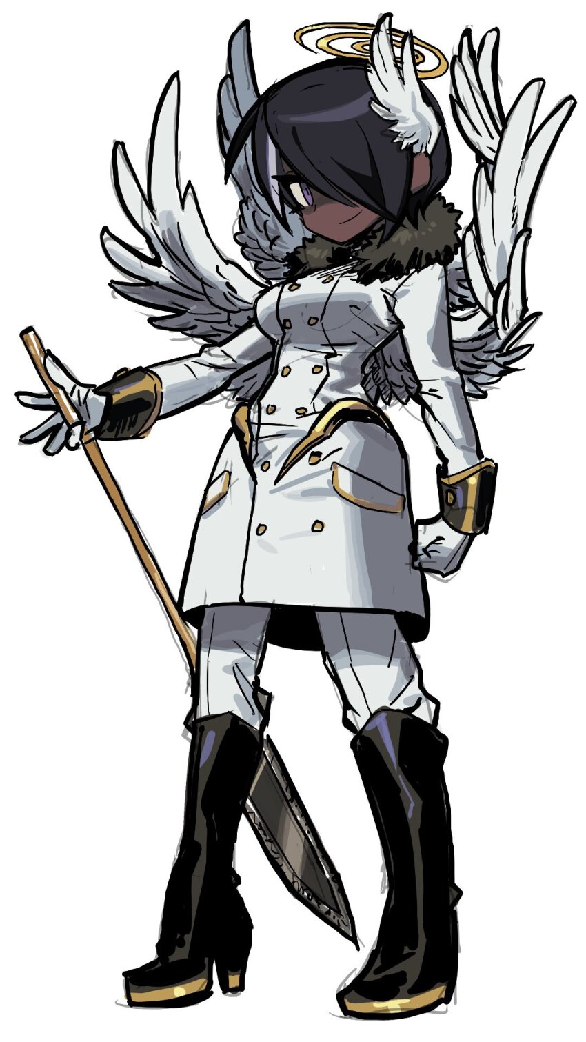 1girl angel angel_wings black_hair boots breasts coat dark-skinned_female dark_skin dizzy feathered_wings full_body fur-trimmed_coat fur-trimmed_collar fur_trim hair_over_one_eye halo head_wings highres holding holding_polearm holding_weapon kakke666 looking_at_viewer multiple_wings original polearm purple_eyes short_hair simple_background small_breasts solo standing swirl very_dark_skin weapon white_background white_coat white_wings wings