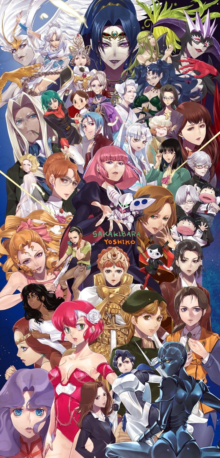 6+girls absurdres ass beret black_hair blonde_hair character_request copyright_request dark-skinned_female dark_skin glasses gundam haman_karn happy_birthday hat highres katt_sun knight leotard looking_back multiple_girls pink_leotard qubeley sakakibara_yoshiko sword voice_actor_connection weapon zeta_gundam