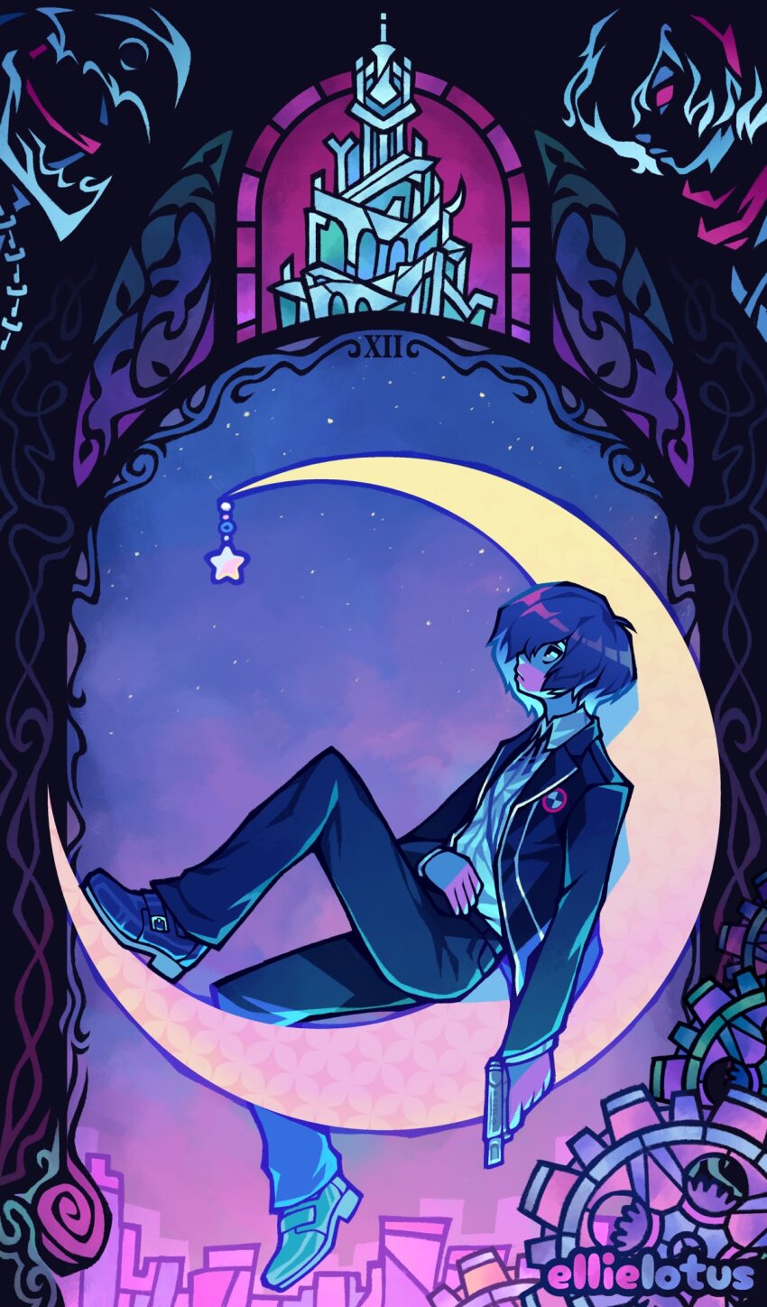 1boy artist_name black_jacket black_pants blazer blue_footwear blue_hair card_(medium) closed_mouth collared_shirt crescent_moon ellie_lotus evoker gekkoukan_high_school_uniform gun highres holding holding_gun holding_weapon jacket looking_up male_focus moon neck_ribbon on_crescent orpheus_(persona) pants persona persona_3 ribbon school_uniform shirt short_hair sky solo star_(sky) starry_sky tarot tarot_(medium) tartarus thanatos_(persona) weapon white_shirt yuuki_makoto_(persona_3)