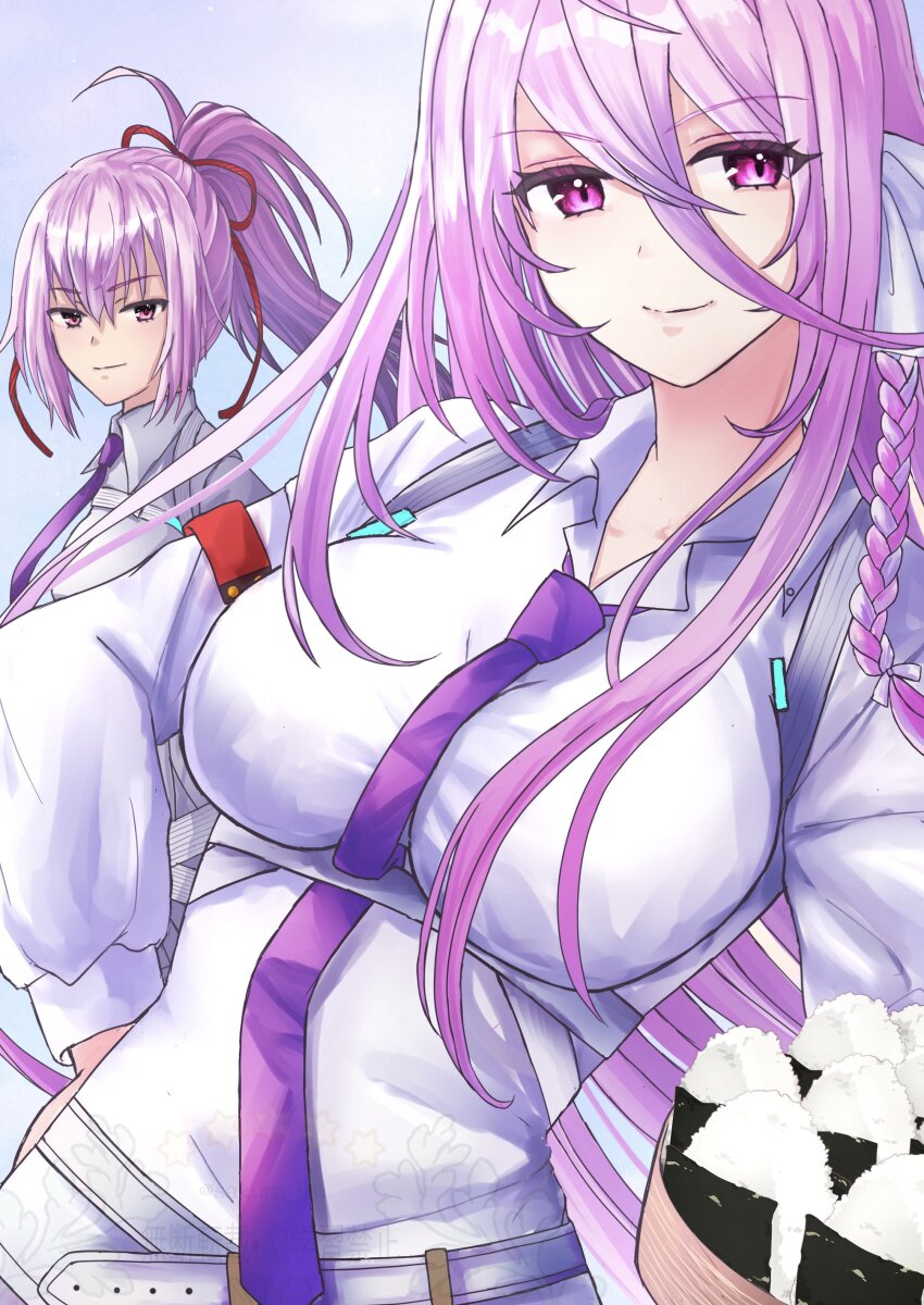 2girls absurdres braid breasts chest_harness collarbone dark_skin food hair_over_one_eye harness heaven_burns_red highres kura_satomi large_breasts long_hair long_sleeves multiple_girls necktie onigiri pink_hair ponytail red_eyes red_ribbon ribbon sakura_illu shirt tsukishiro_monaka white_background white_shirt