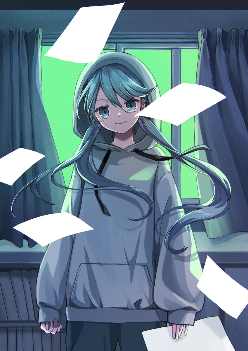1girl absurdres blue_eyes blue_hair cinema_(vocaloid) curtains grey_hoodie hatsune_miku highres holding holding_paper hood hood_up hoodie looking_at_viewer low_twintails nagitofuu paper smile solo twintails vocaloid