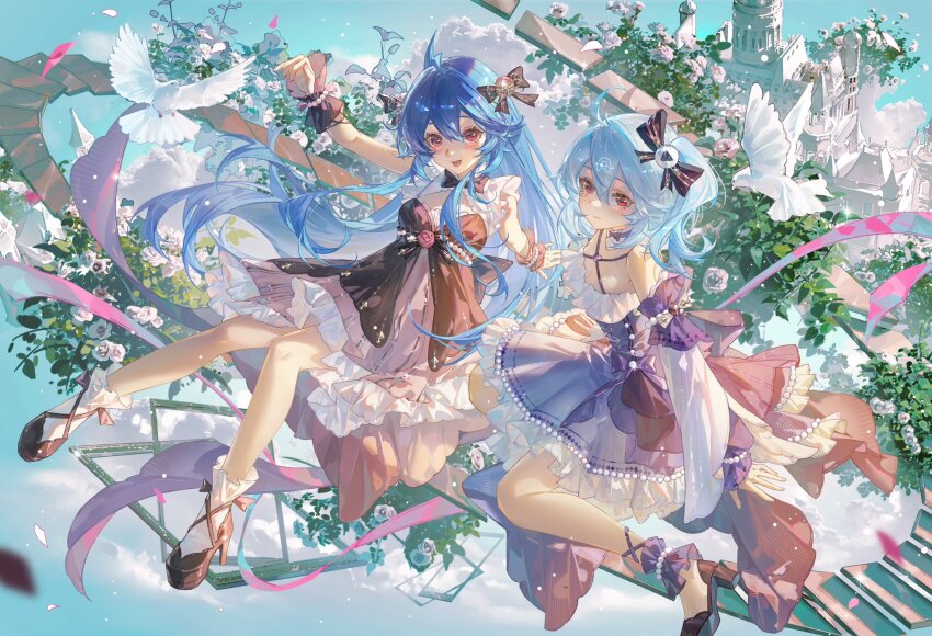 2girls ahoge bare_shoulders bili_girl_22 bili_girl_33 bilibili bird blue_hair bow commission day dove dress flower frilled_dress frills full_body hair_between_eyes hair_bow high_heels highres long_hair looking_at_viewer multiple_girls open_mouth outdoors red_eyes sky smile tuzhate